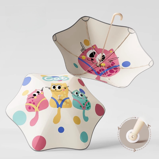 Children's Umbrella Round Corner Large Rainbow Polka Dot Cat (Double Layer)